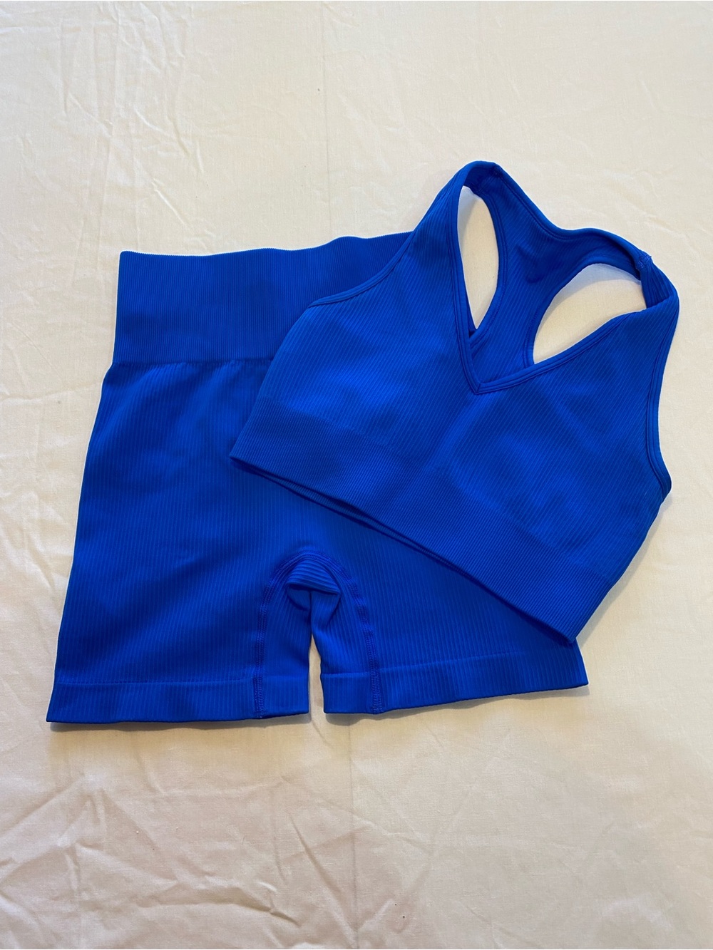 Blue Ribbed Athletic Bra and Shorts Set for Women's Stretch Size S.
